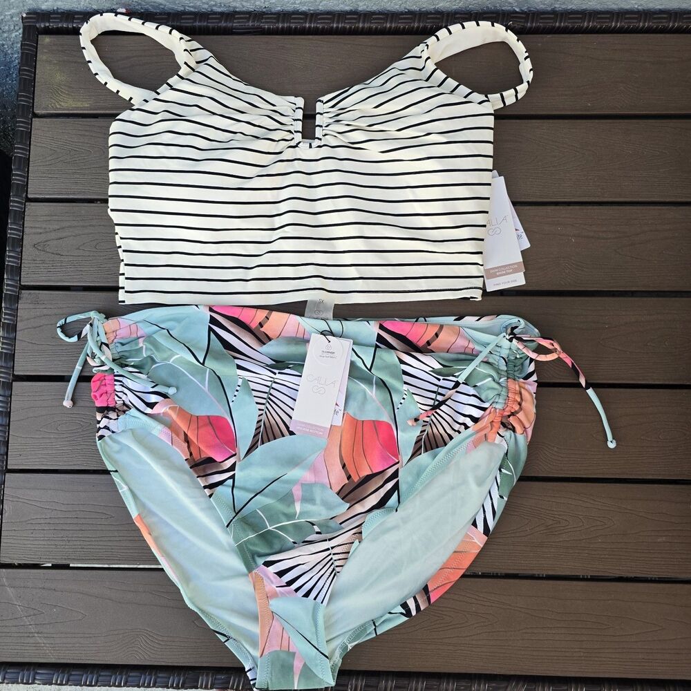 CALIA Women's Coastal Ivory U-Bar Top & Desert Flora Rouched Bikini Sz XXL New